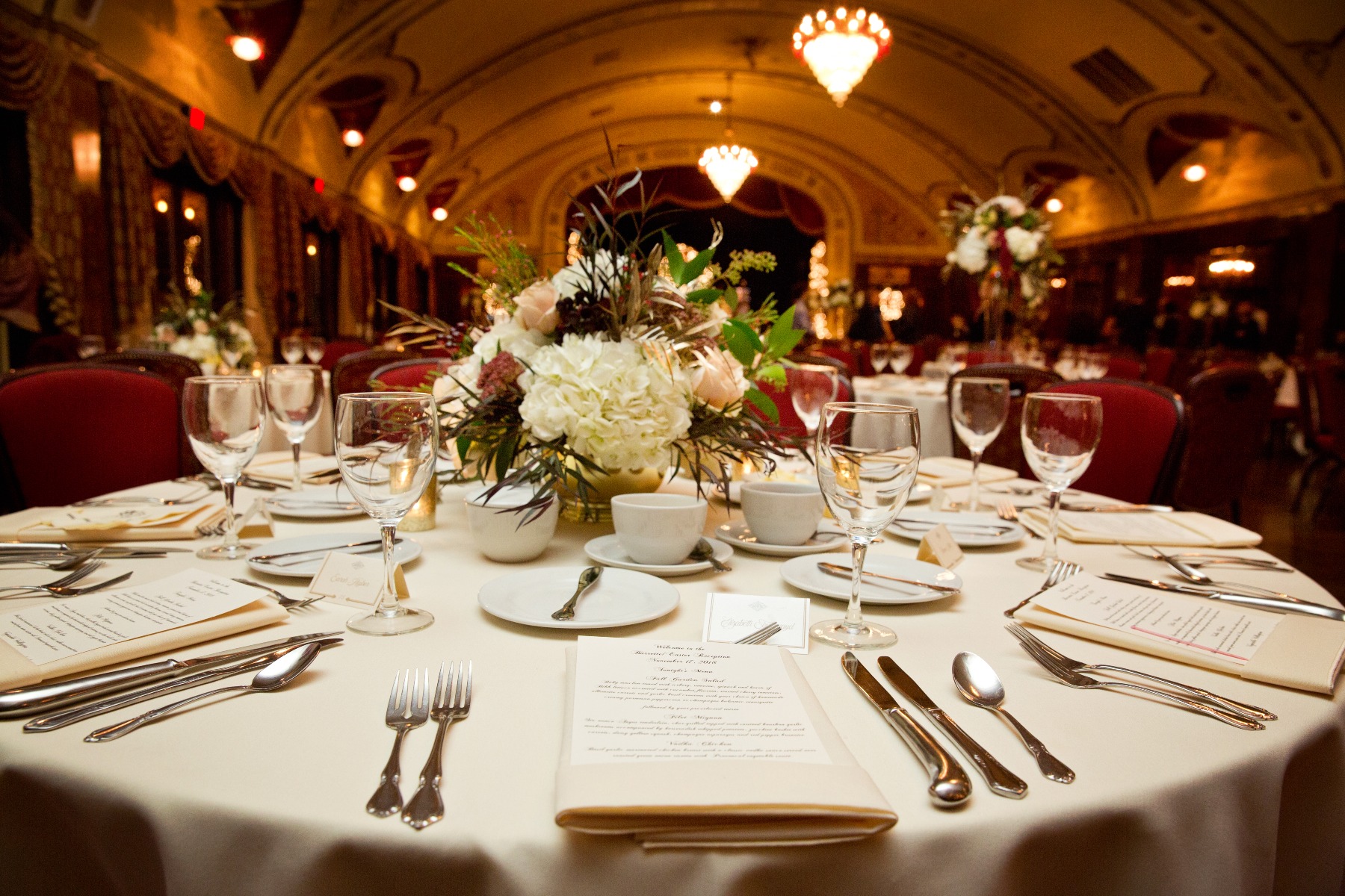 detail shot of a wedding table and reception hall