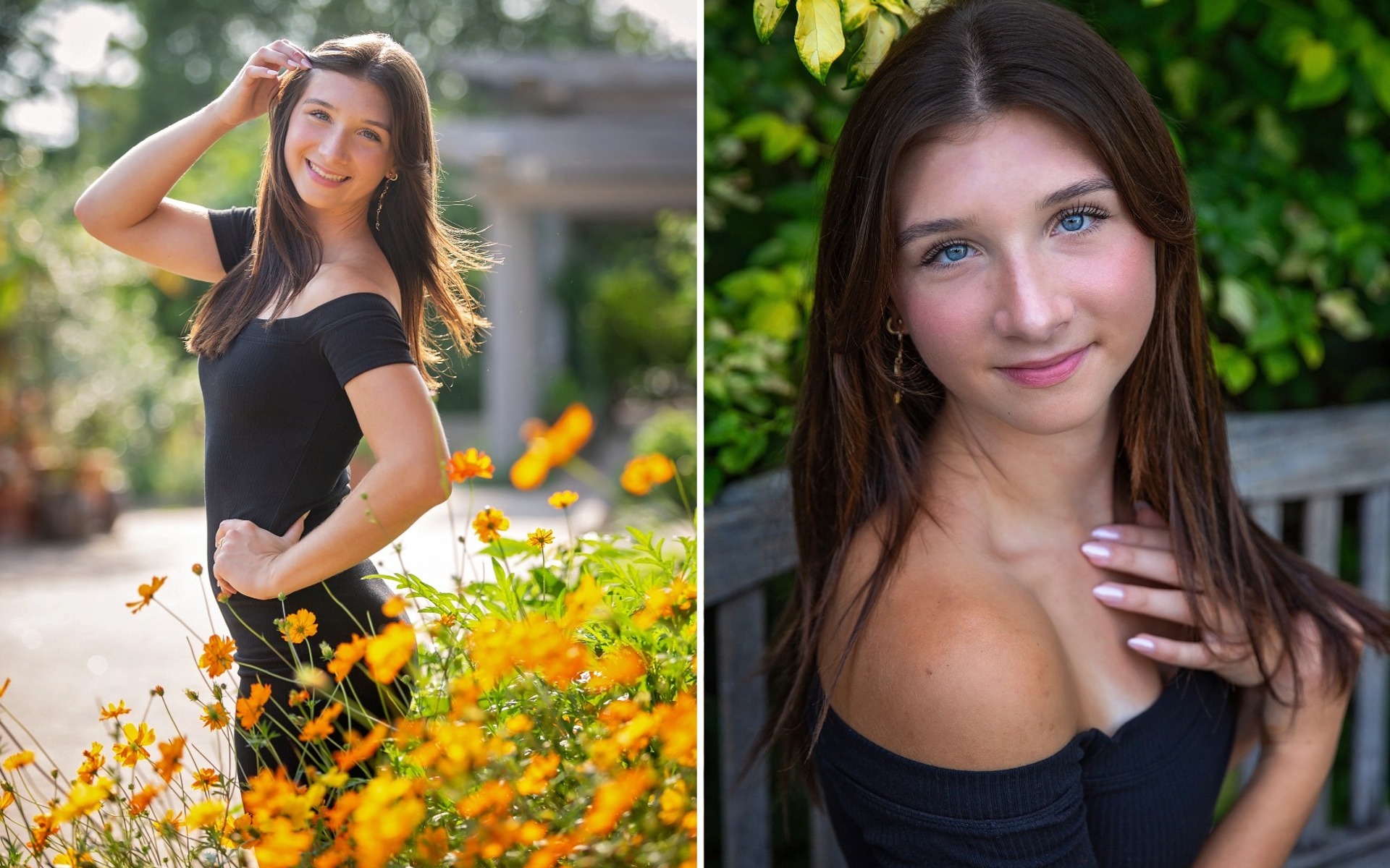 hs senior girl with brunette hair poses in a flower garden