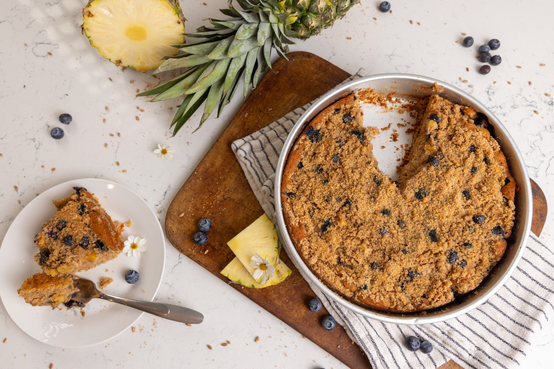 view from above of a moist blueberry and pineapple spice cake