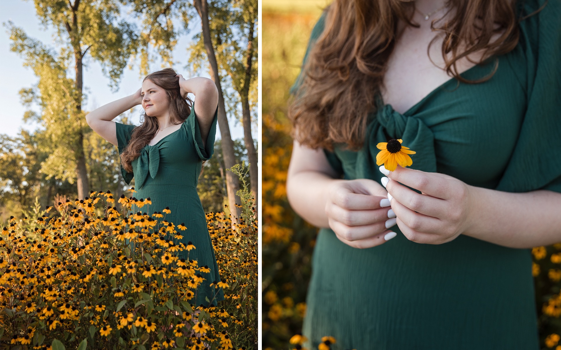high school senior girl in a green dress stands among some golden yellow wild flowers