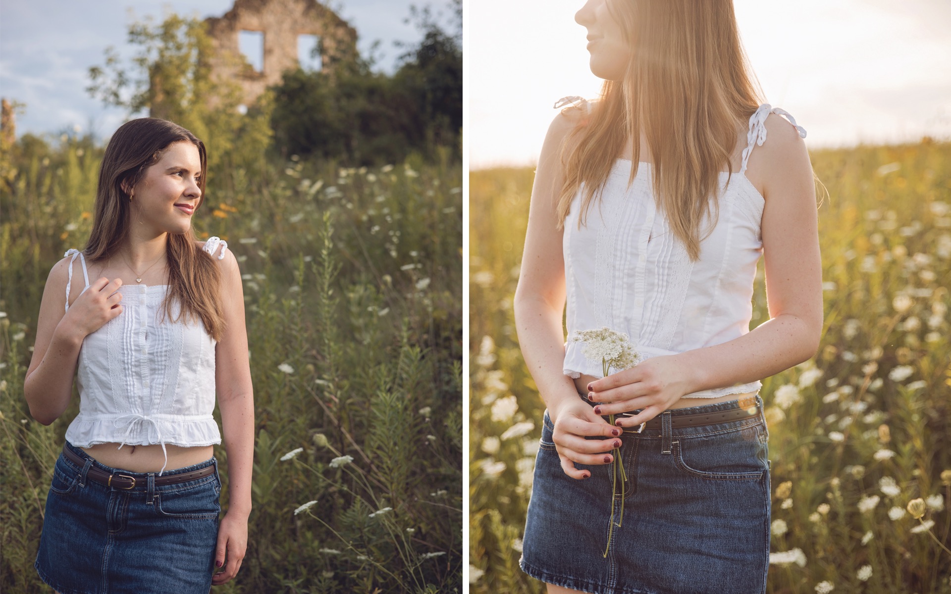 high school senior girl poses amongst the wild flowers at golden hour